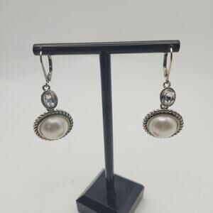 Monet Vintage Faux Pearl Rhinestone Leverback Dangle Earrings Silver Tone 2in